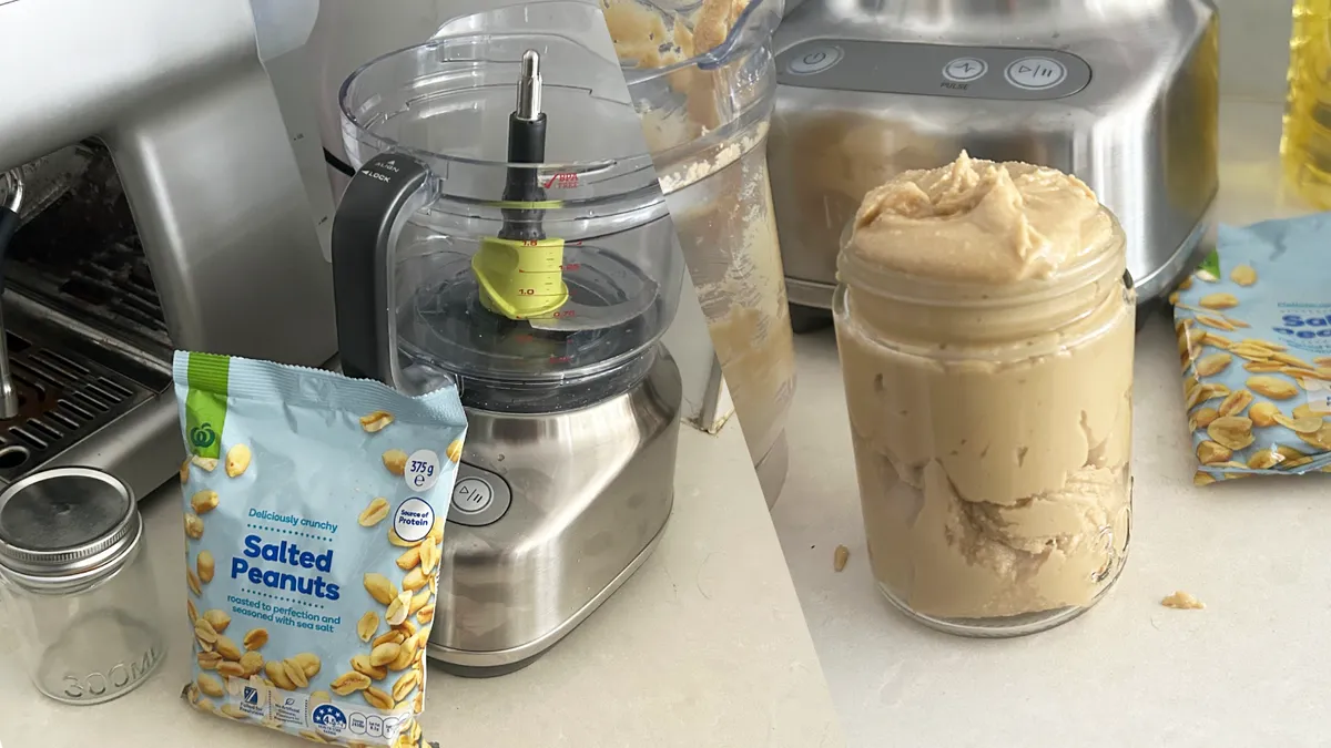 Breville Paradice 9 with peanut butter and bag of peanuts in foreground collage