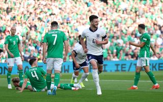 DUBLIN, IRELAND - SEPTEMBER 07: Declan Rice of England celebrates scoring his team's first goal during the UEFA Nations League 2024/25 League B Group B2 match between Republic of Ireland and England at Aviva Stadium on September 07, 2024 in Dublin, Ireland. (Photo by Eddie Keogh - The FA/The FA via Getty Images)