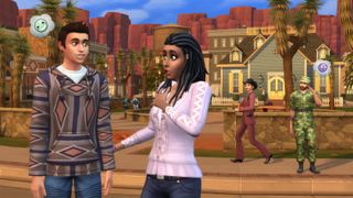 The Sims 4 StrangerVille - two sims looking surprised and crazy standin a desert neighborhood