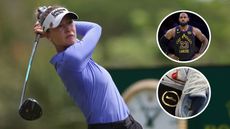 Nelly Korda hits a driver off the tee, with LeBron James and Nike golf shoes in circles