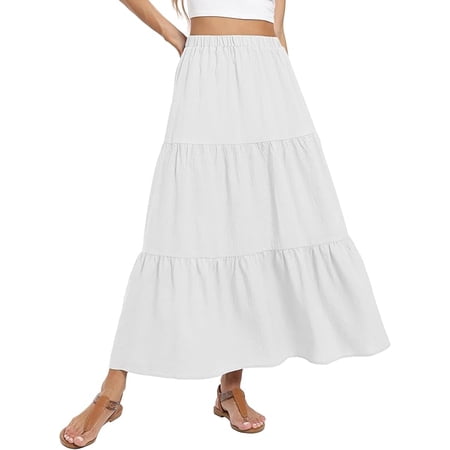 Jwd Summer Maxi Skirt for Women Boho Lightweight Flowy Tiered Long Beach Skirts With Pockets White L