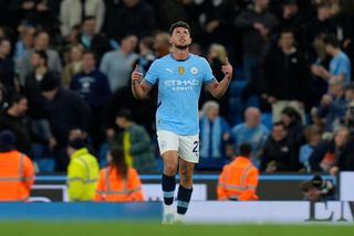 Matheus Nunes celebrates after scoring the winning goal for Manchester City against Aston Villa, April 2025.