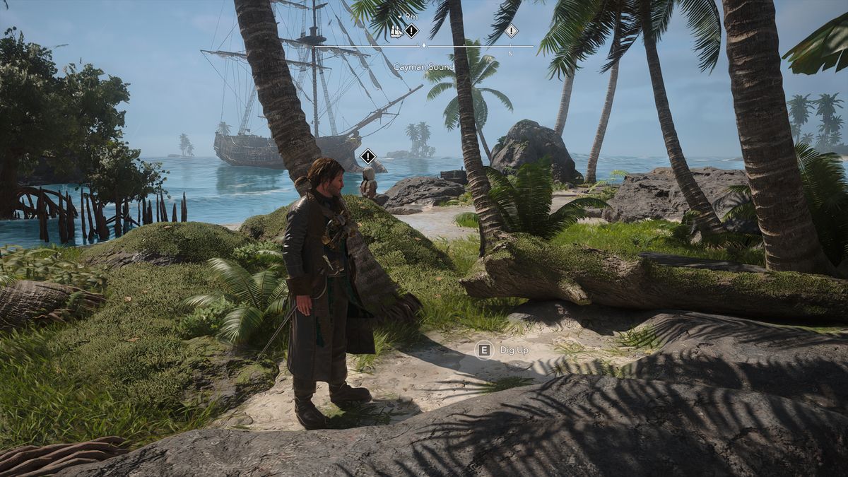 Black Flag treasure maps: Edward standing amongst palm trees with a large ship in the distance.