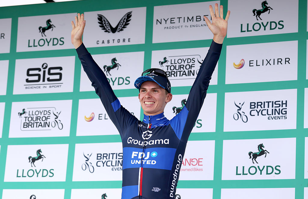 BURTON DASSETT, UNITED KINGDOM - SEPTEMBER 05: Romain Gregoire of France and Team Groupama - FDJ celebrates at podium as stage winner during the 21st Tour of Britain 2025, Stage 4 a 186.9km stage from Atherstone to Burton Dassett on September 05, 2025 in Burton Dassett, United Kingdom. (Photo by Alex Livesey/Getty Images)