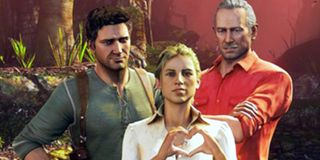 From left to right, Nathan Drake, Elena Fisher, and Sully