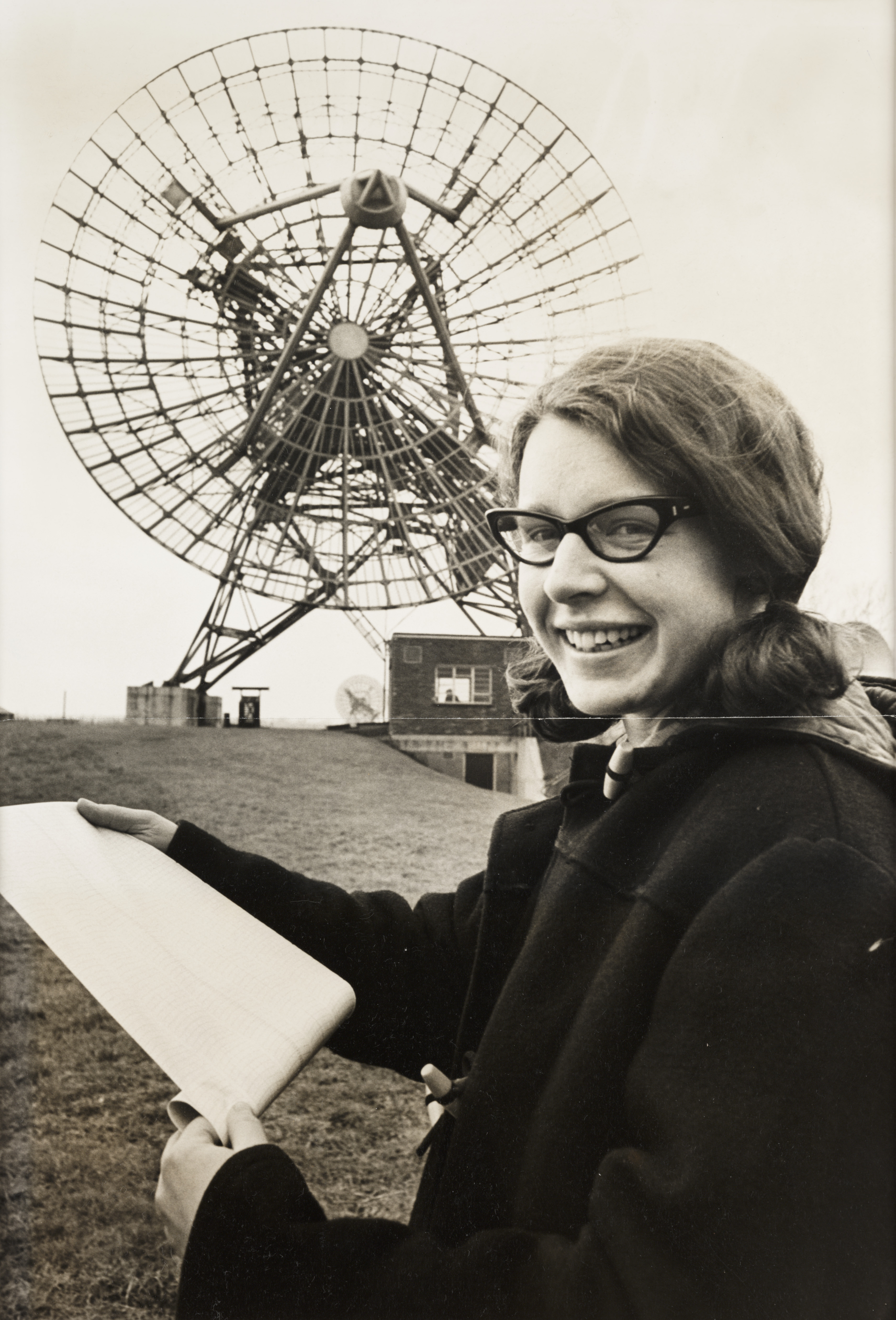 A photograph of Jocelyn Bell Burnell (born 1943) at the Mullard Radio Astronomy Observatory at Cambridge University, taken for the Daily Herald newspaper in 1968.