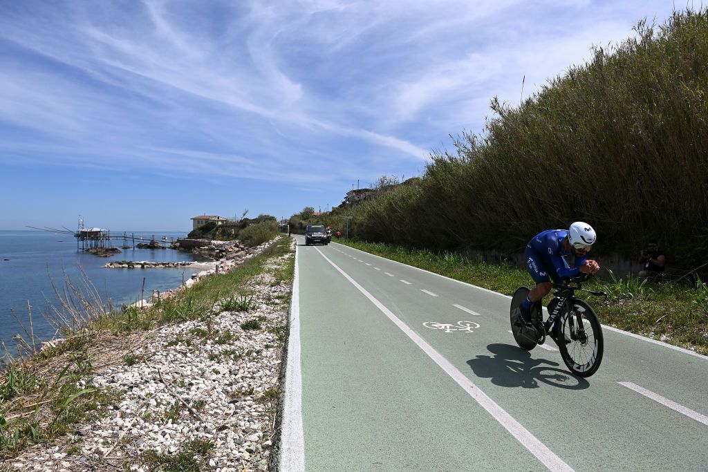 ORTONA ITALY MAY 06 Fernando Gaviria of Colombia and Movistar Team sprints next to the Trabucco Fishing platform during the 106th Giro dItalia 2023 Stage 1 a 196km individual time trial from Fossacesia Marina to Ortona UCIWT on May 06 2023 in Ortona Italy Photo by Tim de WaeleGetty Images