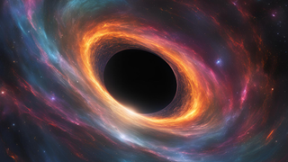 An illustration of an ultramassive black hole surrounded by gas abnd dust that it feeds on to help it grow