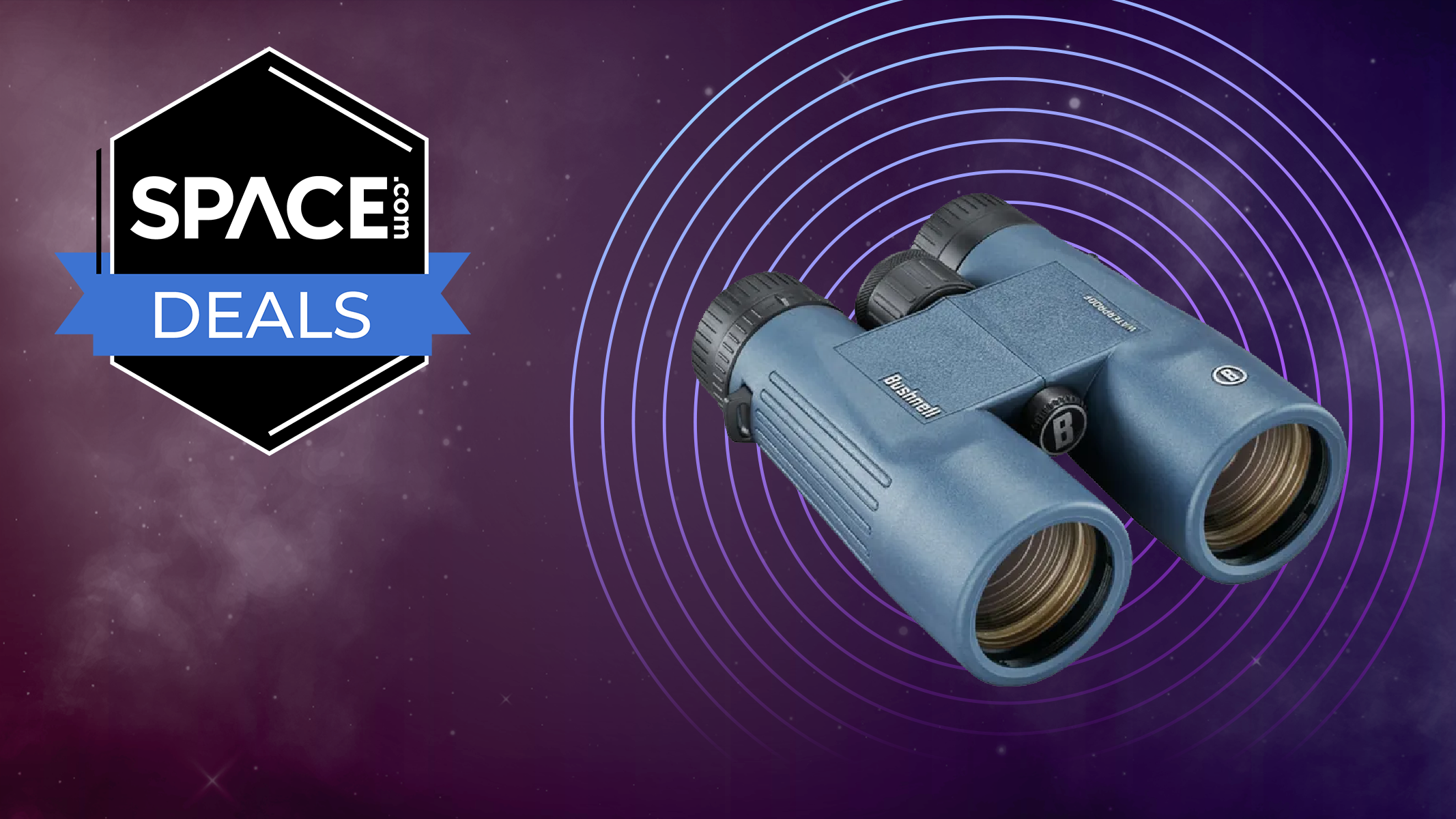 A pair of Bushnell H2O Binoculars 10x42 against a space background. 