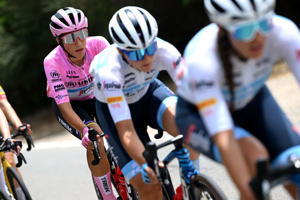 OLBIA ITALY JULY 02 Elisa Balsamo of Italy and Team Trek Segafredo Pink Leader Jersey competes during the 33rd Giro dItalia Donne 2022 Stage 3 a 1134km stage from Cala Gonone to Olbia GiroDonne UCIWWT on July 02 2022 in Olbia Italy Photo by Dario BelingheriGetty Images