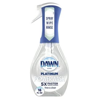 A clear bottle of dawn powerwash spray soap with a blue spray lid. 