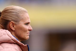 Sarina Wiegman, Manager of England, looks on prior to the UEFA Women's EURO 2025 qualifying match between Sweden and England at Gamla Ullevi on July 16, 2024 in Gothenburg, Sweden.