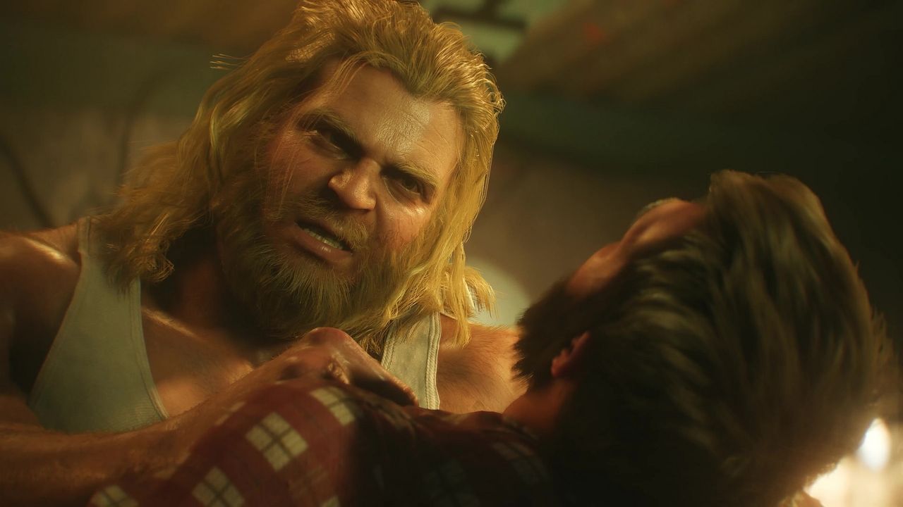 Sabretooth grabs Wolverine by the collar in Marvel's Wolverine, from the our Big Preview b-roll as they both wear casual clothes