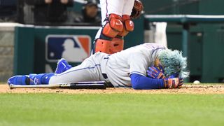 Mets player Francisco Lindor after being hit by a pitch during the first Apple TV+ Friday Night Baseball game