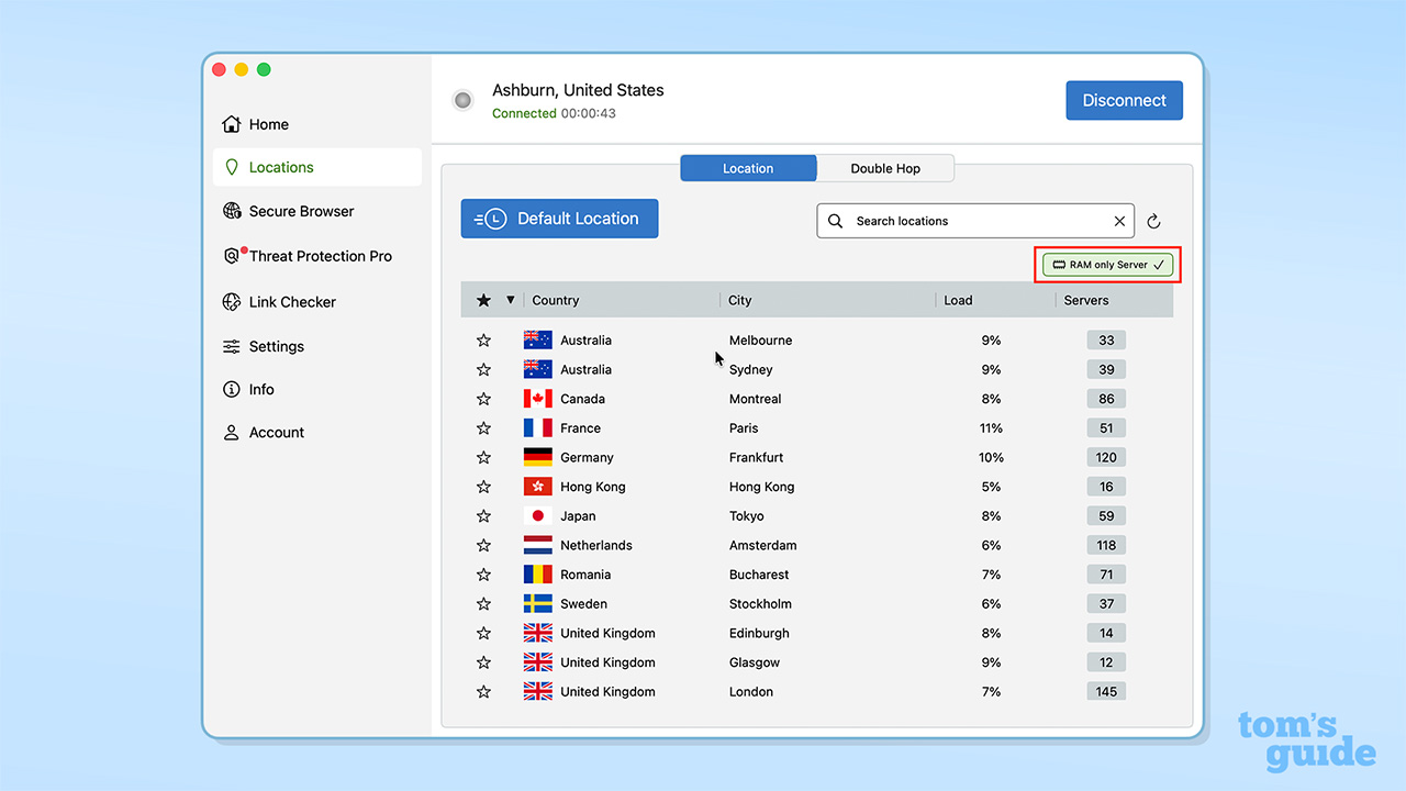 IPVanish's Mac app, with the new RAM-only server filter marked in red
