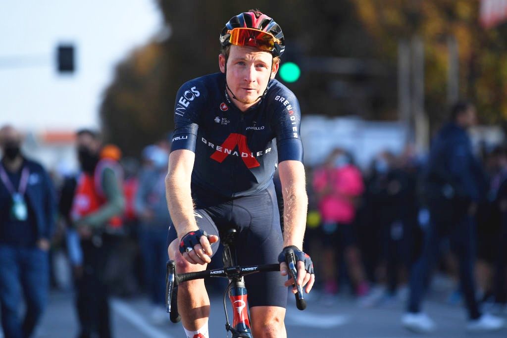 BERGAMO, ITALY - OCTOBER 09: Tao Geoghegan Hart of United Kingdom and Team INEOS Grenadiers crosses the finishing line during the 115th Il Lombardia 2021 a 239km race from Como to Bergamo / #ilombardia / #UCIWT / on October 09, 2021 in Bergamo, Italy. (Photo by Tim de Waele/Getty Images)