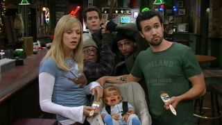 Dumpster Baby cries with the gang in It's Always Sunny In Philadelphia