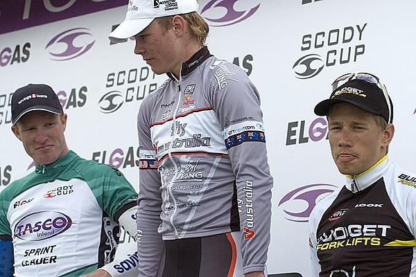 The stage twelve podium (l-r): Joel Pearson (2nd,Credit Collect-Prime Estate), Michael Hepburn (1st,Fly V Australia), and Richard Lang (3rd,Budget Forklifts).
