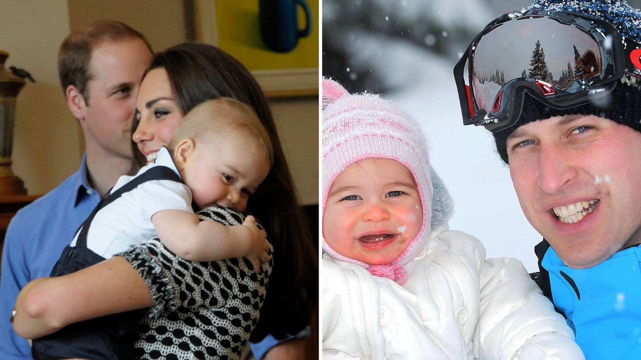 L-Kate Middleton holding Prince George, R- Prince William with Princess Charlotte