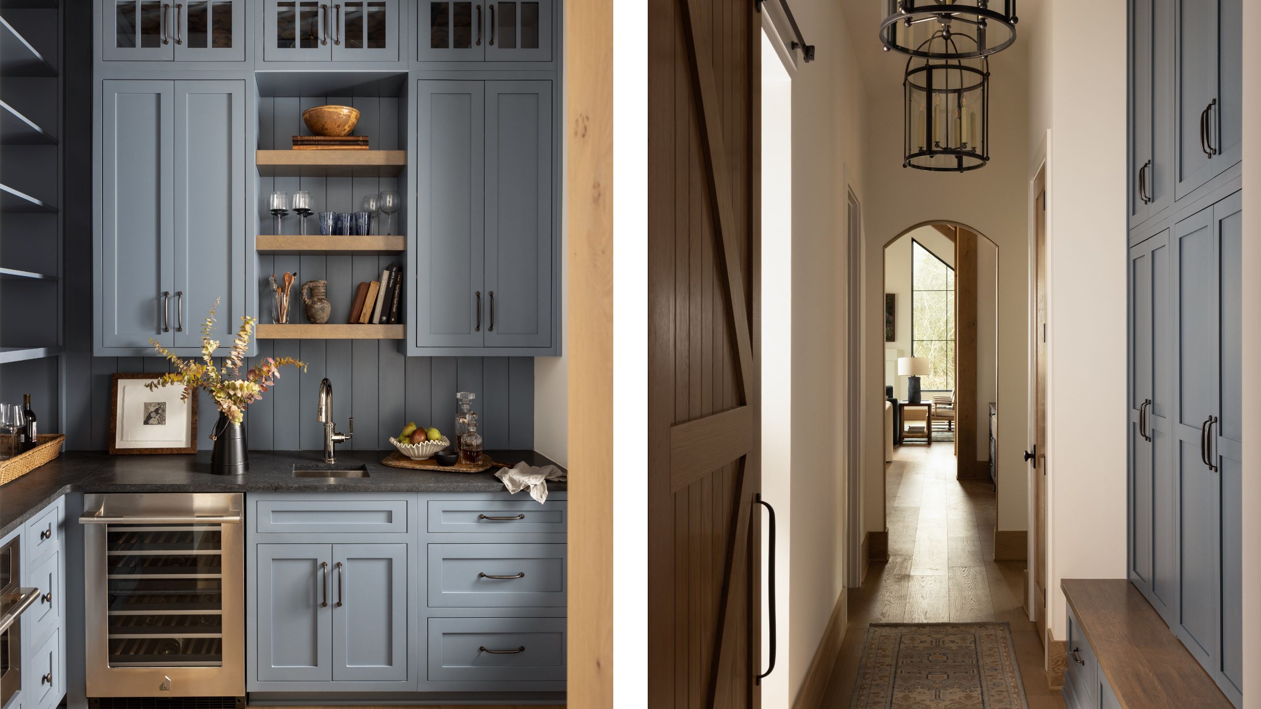 Side-by-side view of a home interior featuring a dusty-blue home bar with a beverage cooler on the left, and a hallway with a wooden barn door and built-in blue storage on the right.
