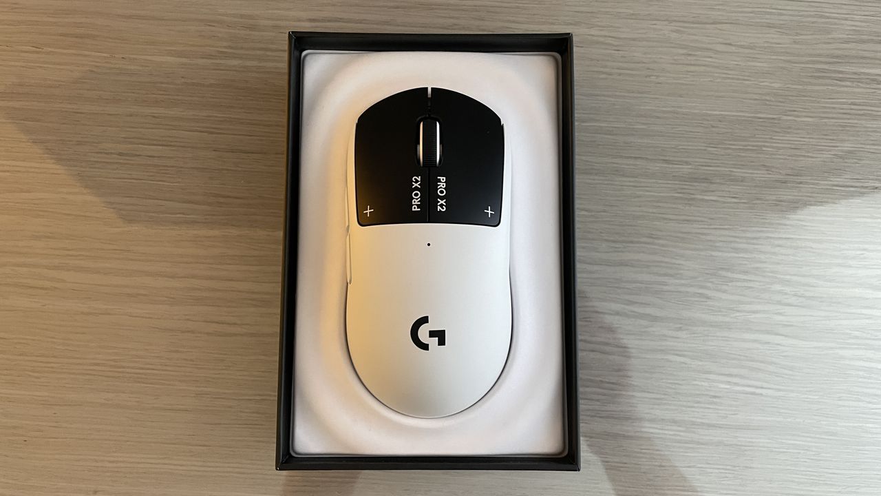 A Logitech G Pro X2 Superstrike gaming mouse.