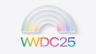 The WWDC 2025 logo, which shows "WWDC 2025" colored with a rainbow gradient and a glass-looking rainbow above the text that is slowly filling with color.