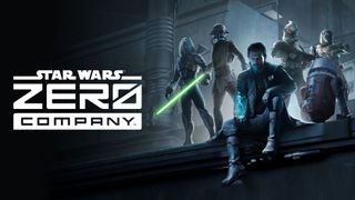 Art for the turn-based tactics video game 'Star Wars: Zero Company'. On the left is the title of the game "Star Wars Zero Company". To the right is a rag-tag group of six, preparing to enter battle.