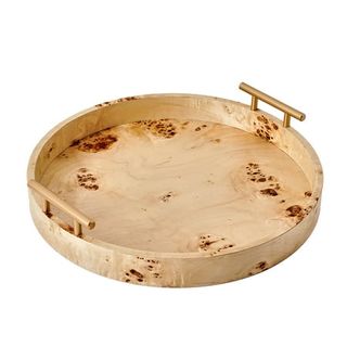 Round Burlwood Tabletop Tray With Gold Handles 