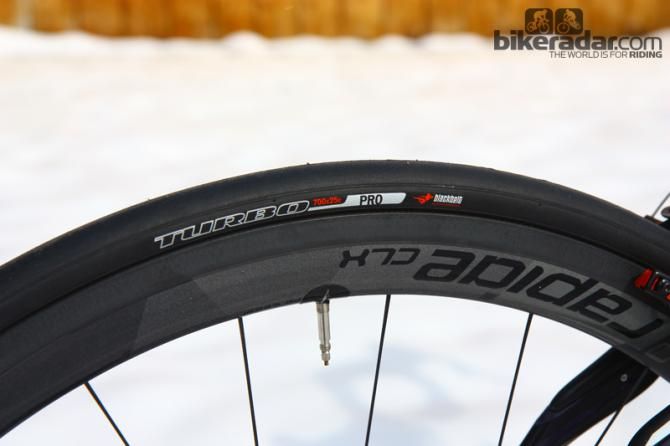 Specialized includes supple 25mm-wide Turbo Pro clinchers as stock equipment but there's room for 27-28mm rubber, too, depending on the rim.