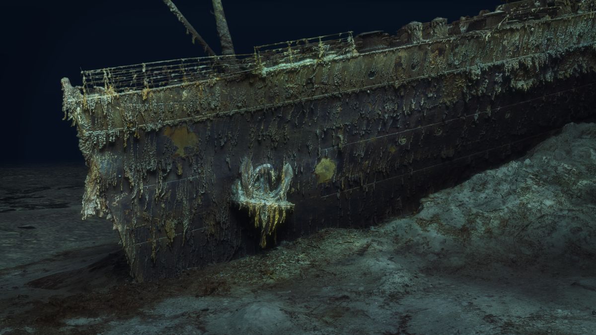 An image of the Titanic&#039;s bow sitting on the sea floor.