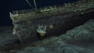 An image of the Titanic's bow sitting on the sea floor.