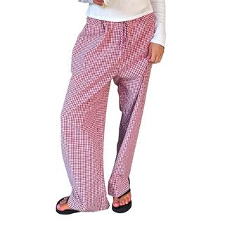 Ruibbwan Women Y2k Striped Wide Leg Lounge Pants Loose Fit Elastic Waist Plaid Pinstripe Trousers Going Out Pants Streetwear (red, M)