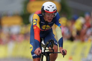 Lidl - Trek's Danish rider Mads Pedersen cycles to the finish line during the 16th stage of the 110th edition of the Tour de France cycling race, 22 km individual time trial between Passy and Combloux, in the French Alps, on July 18, 2023. (Photo by Thomas SAMSON / AFP)