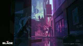 Marvel's Blade concept art showing Blade stalking a nightclub entrance in the dark