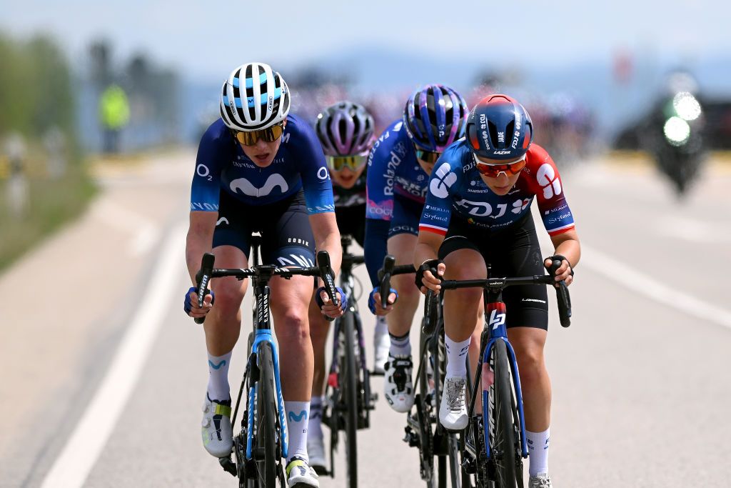 MEDINA DE POMAR SPAIN MAY 18 LR Aude Biannic of France and Movistar Team Valerie Demey of Belgium and LIV RacingTeqFind Team Elena Pirrone of Italy and Team IsraelPremier Tech and Jade Wiel of France and Team FDJSuez attack during the 8th Vuelta a Burgos Feminas 2023 Stage 1 a 1156km stage from Quintanaortuo to Medina de Pomar UCIWWT on May 18 2023 in Medina de Pomar Spain Photo by Dario BelingheriGetty Images