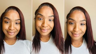 Three side-by-sides of a person not wearing the Honest Beauty mascara on the far left, the same person in the middle wearing the Honest Beauty eyelash primer, and the same person on the far right with the Honest Beauty mascara on