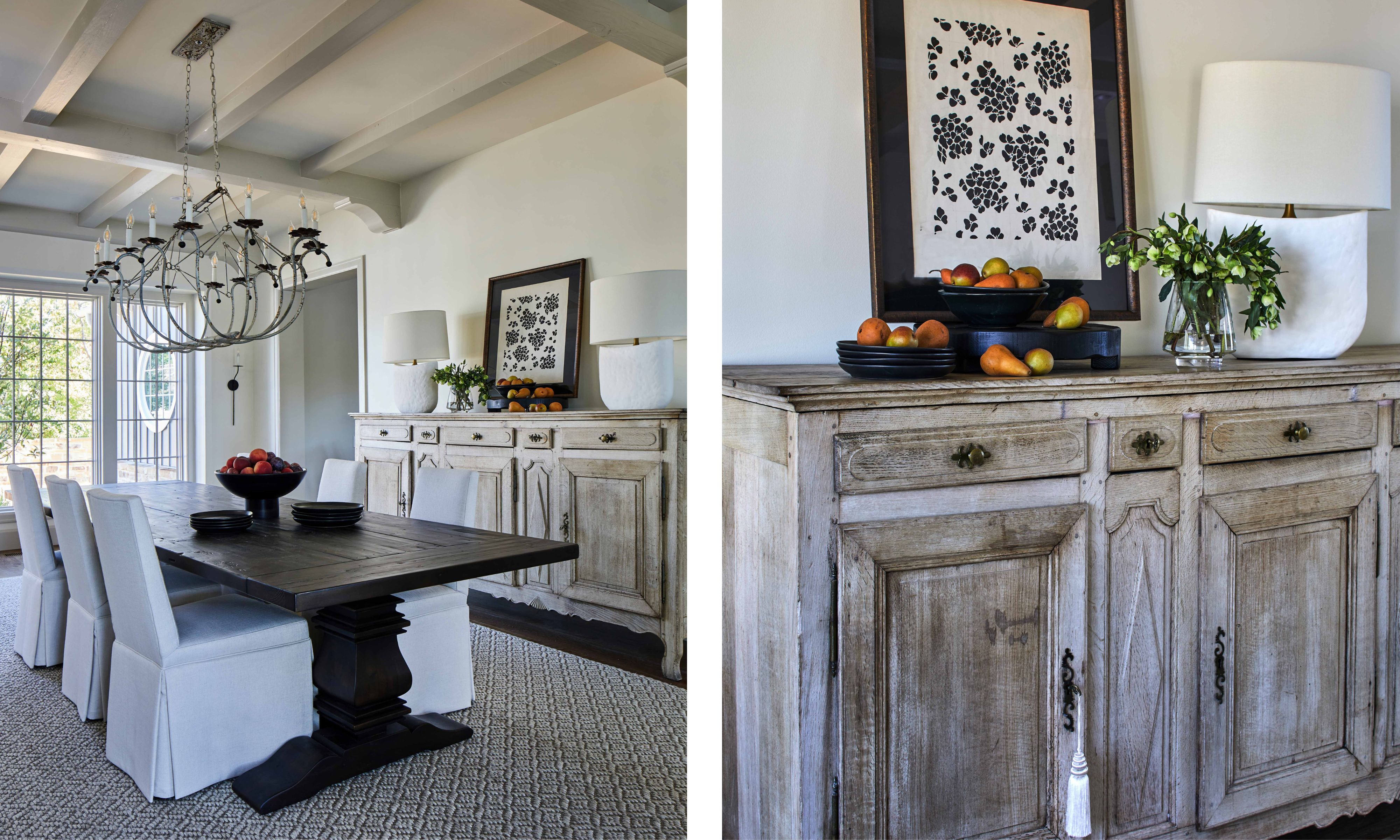 two shots side by side of the same dining room from different angles, showing a dark wood table and white chairs and a close up of a pale wood credenza