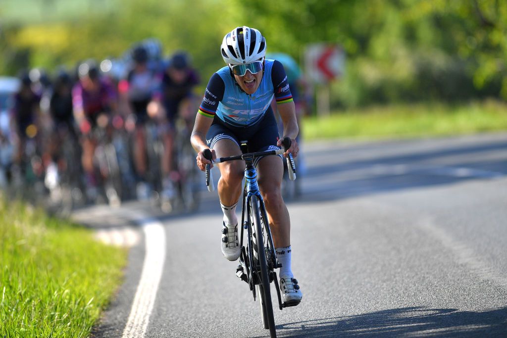 WEIMAR GERMANY MAY 29 Elisabeth DeignanArmitstead of United Kingdom and Trek Segafredo attack on breakaway during the 34th Internationale LOTTO Thringen Ladies Tour 2021 Stage 5 a 1433km stage from Weimar to Weimar ltlt2021 lottothueringenladiestour womencycling on May 29 2021 in Weimar Germany Photo by Luc ClaessenGetty Images