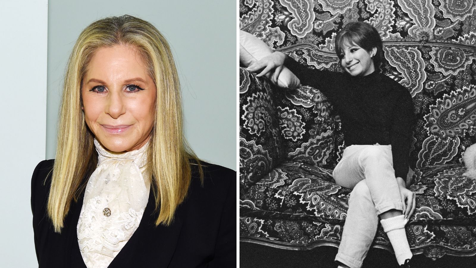 barbra streisand on the left and then paisley pattern drenching on the right