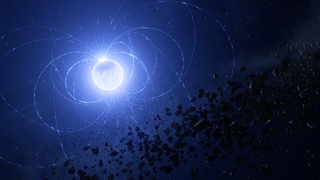 Illustration of the magnetic white dwarf WD 0816-310, where astronomers have found a scar imprinted on the surface as a result of the star ingesting planetary debris.