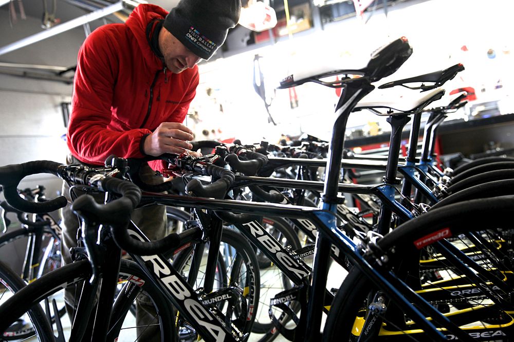 Visit Dallas DNA Pro Cycling mechanic working on the team bikes