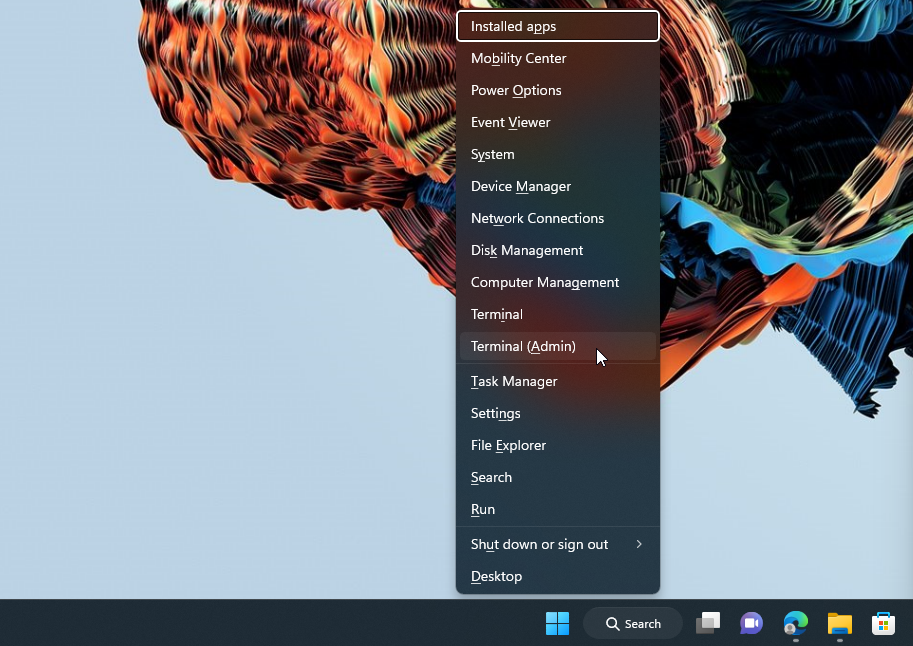 Windows 11 right-click the Start menu