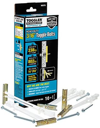 Blue box of Toggler bolts with yellow, black and white writing, and a few of the items on a white background