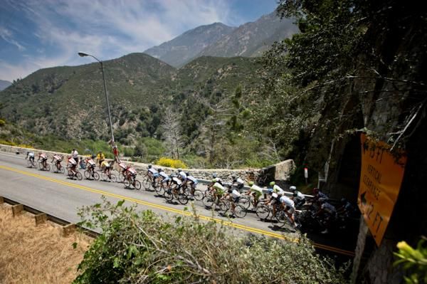 The bunch heads out of one of the tunnels.