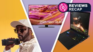 A triptych image featuring will.i.am holding the LG xboom Grab, the Samsung QN90F and the MSI Vector A18 HX A9W.