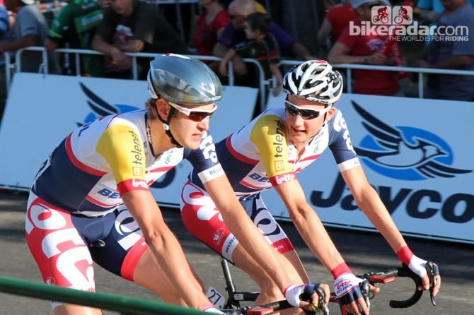 Despite the heat of Sunday's People's Choice criterium, Lotto-Belisol riders sported Lazer's new chrome AeroShell helmet covers for a little extra speed. If nothing else, they made the riders hard to miss.