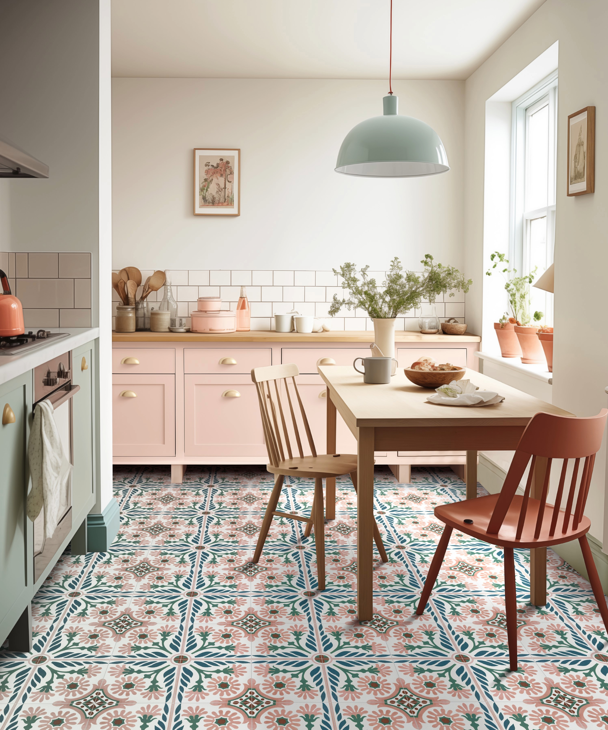 Kitchen with pink cabinets and pink and blue patterned floor