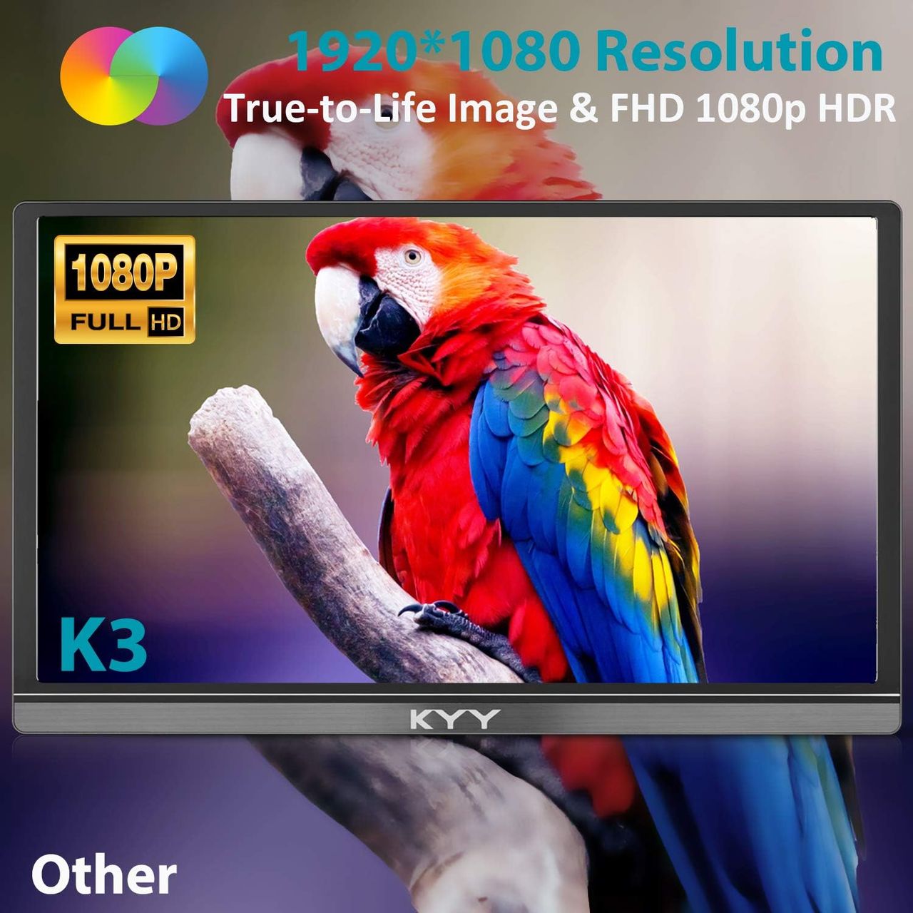 A vibrant image of a red, blue, and yellow parrot on a branch displayed on a KYY monitor. Text overlay: "1920*1080 Resolution, True-to-Life Image &amp; FHD 1080p HDR."