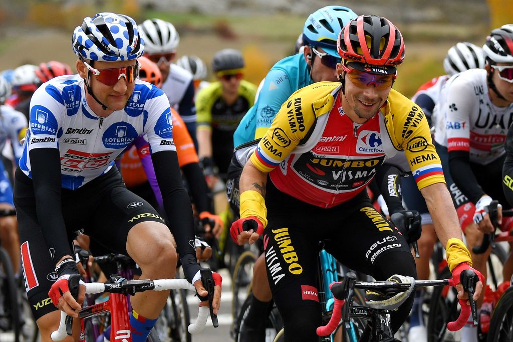 SALLENT DE GLLEGO SPAIN OCTOBER 25 Tim Wellens of Belgium and Team Lotto Soudal Polka Dot Mountain Jersey Primoz Roglic of Slovenia and Team Jumbo Visma Red Leader Jersey during the 75th Tour of Spain 2020 Stage 6 a 1464km stage from Biescas to Sallent de Gllego Aramn Formigal 1790m lavuelta LaVuelta20 La Vuelta on October 25 2020 in Sallent de Gllego Spain Photo by David RamosGetty Images