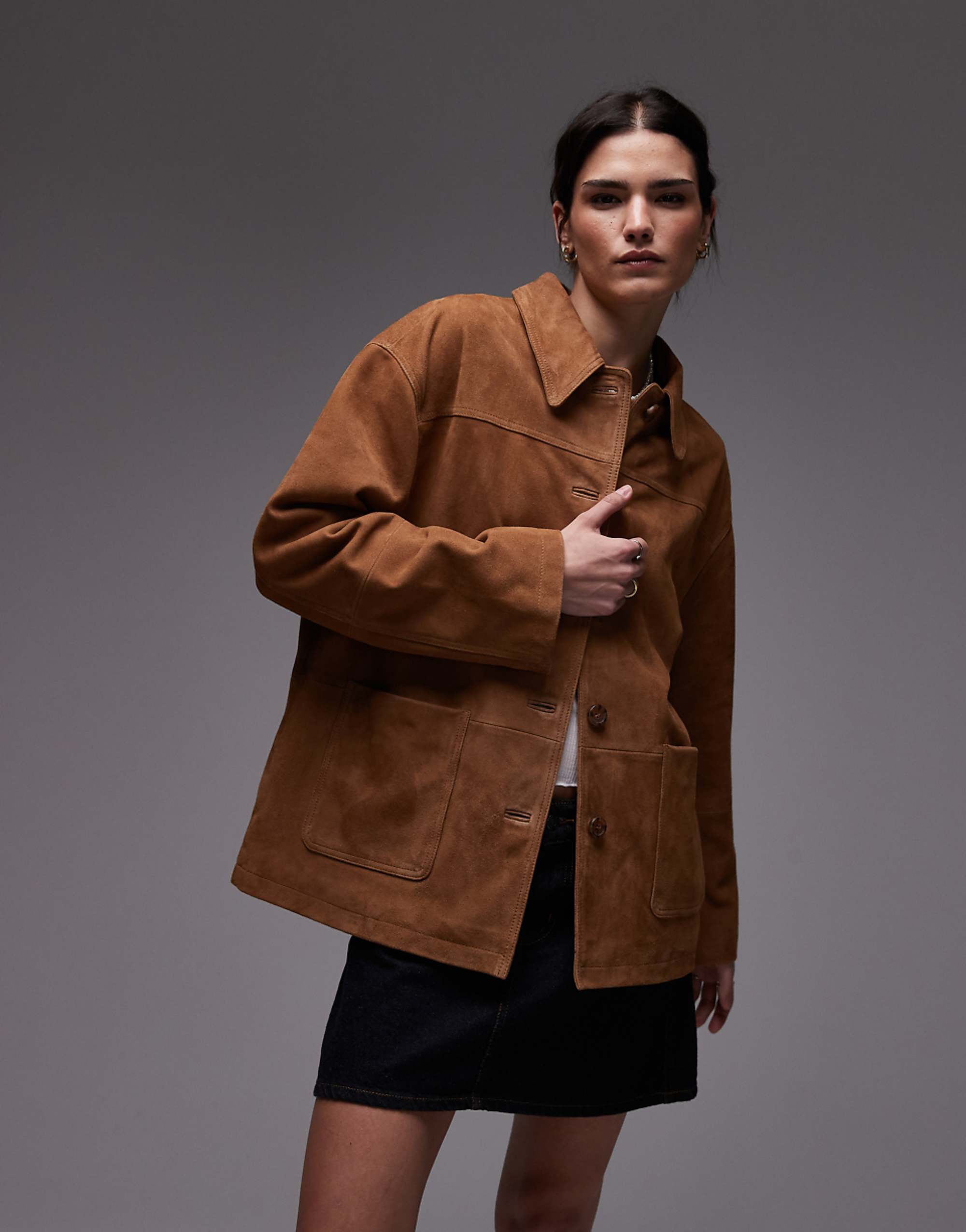 Topshop Premium Real Suede Patch Pocket Boxy Jacket in Tan